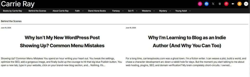 Screenshot of a blog page titled 'Behind the Scenes' featuring posts about WordPress troubleshooting and indie author blogging.